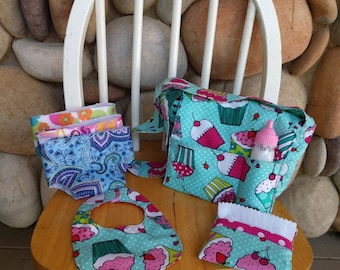 Blue and Pink Cupcake Pretend Diaper Bag,Pink Doll Diaper Bag,Pink Dot Baby Doll Diaper Bag,Polka dot Diaper Bag,Pretend Diapers and Wipes