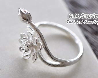 Hand Made 3D Silver Lotus Ring, Water Lily Flower Bud and Seedpot Ring, Wholesale Available