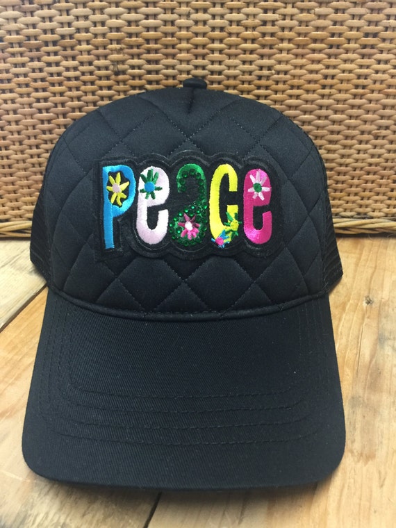 Bling puffy Black Peace Patch Trucker Hat by LandfillDzine on Etsy