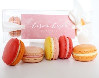 French Paris Macaron Gift Edible "Fruit Collection" Raspberry, Strawberry, Lemon, Peach, Cassis Edible Macaron Gift Box Bisou Bisou Macarons