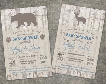 Woodland Baby Shower Invitation, Deer or Bear, Baby Boy, Critters, Forest Animals, Birch Tree Wood, Rustic, printed or digital download