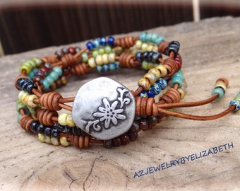 Beaded Wrap Bracelet/ Seed Bead Leather Wrap Bracelet/ Beaded Bracelet/ Boho Wrap Bracelet/ Triple Wrap Bracelet/ Multi-color Bracelet.