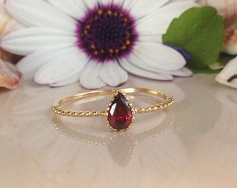 20% off-SALE! Red Garnet Ring - Genuine Gemstone - Slim Ring - Simple Ring - Tiny Ring - Stacking Ring - January Birthstone - Teardrop Ring