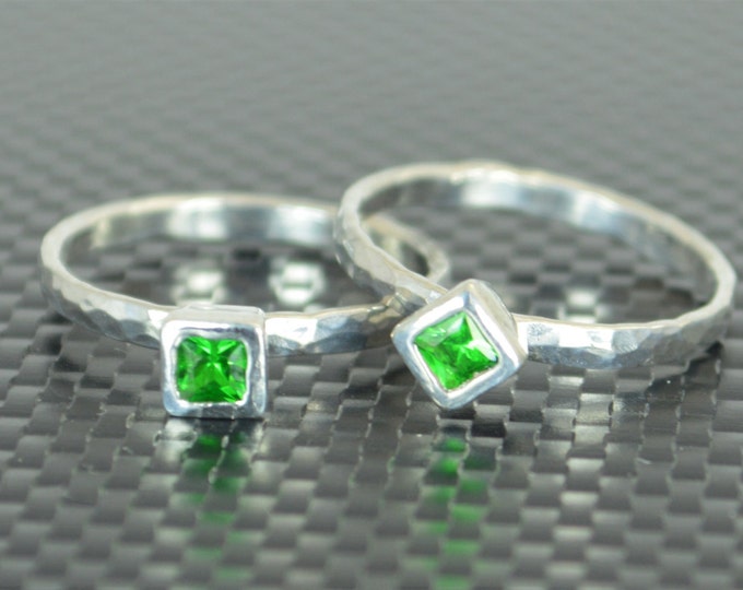 Square Emerald Ring, Emerald Solitaire, Emerald Silver Ring, May Birthstone, Square Stone Mothers Ring, Silver Band, Square Stone Ring