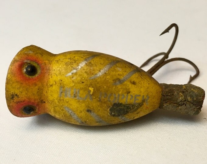 Storewide 25% Off SALE Antique Yellow & Red Single Hook Wooden Plug Fishing Lure Featuring Original Hand Painted Design