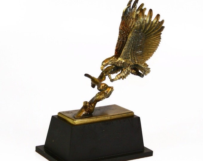 Storewide 25% Off SALE Vintage Endless Flight Cast Brass Flying Eagle Sculpture Featuring Textured Brass Tree Post With Removable Highly Det