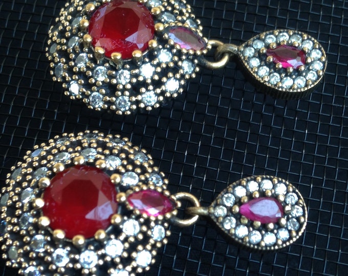 Storewide 25% Off SALE Vintage Sterling Silver Floral Rosette Cartier Style 4 Carat Ruby Earrings Featuring Elegant Teardrop Design
