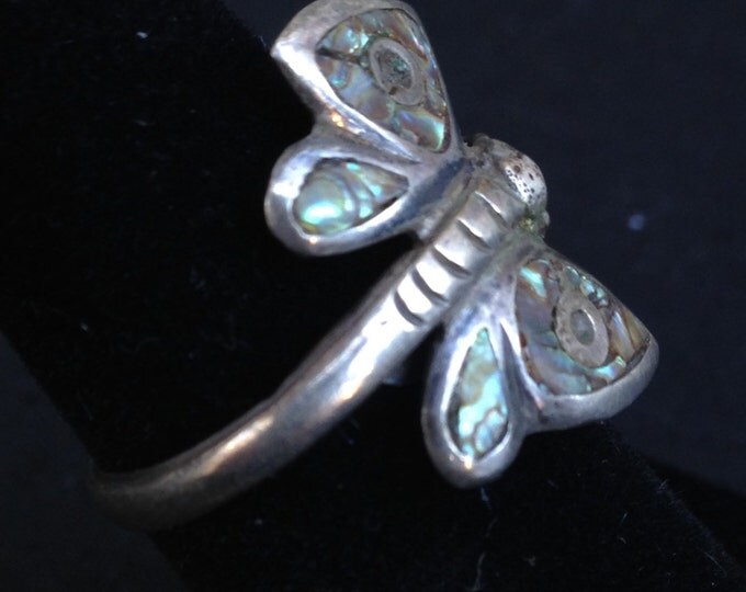 Storewide 25% Off SALE Vintage Sterling Silver Abalone Inlaid Butterfly Adjustable Designer Ring Featuring Petite Style Design