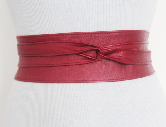 Red Metallic Leather Obi Belt Leather tie belt Real