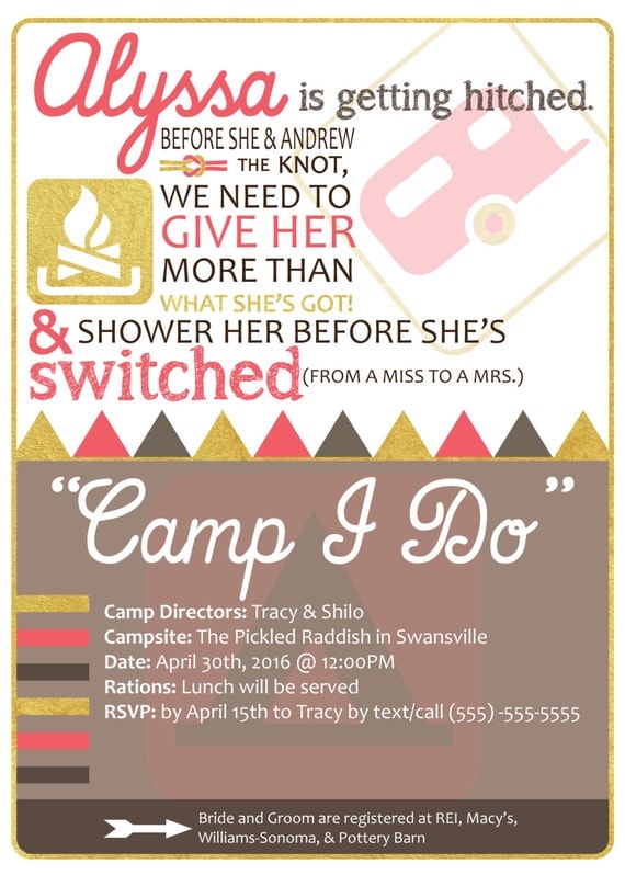 Camping theme custom bridal shower invitation.