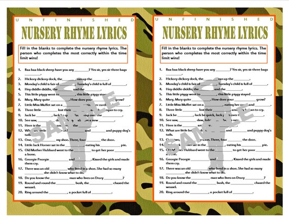 Unfinished Nursery Rhyme Lyrics Camouflage Printable Baby