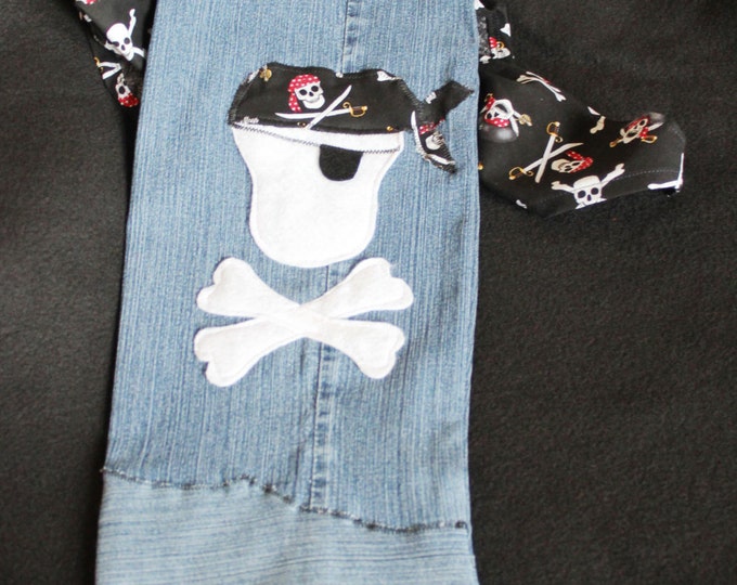 HALF PRICE ** Pirate Upcycled Blue Jean Christmas Stocking. Pirate Print Bandana in Pocket; Skull and Crossbones on back.