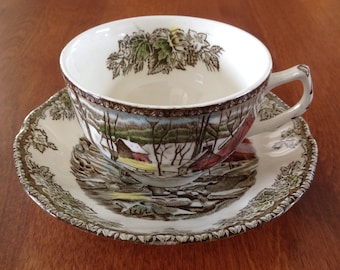 Johnson Bros THE FRIENDLY VILLAGE - The Ice House - Cup and Saucer Brown Polychrome Transferware England