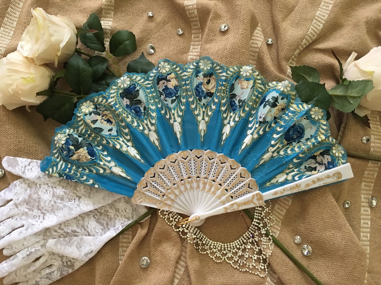 Blue Hand Held Fan Wedding Fan Bride Bridal Bridesmaids