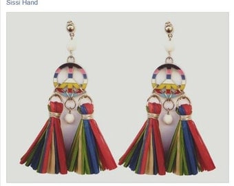 EARRINGS PEACE TASSEL rafia raffia multicolor multicolored charms crystal white blue red green freedom rainbow pompom bijoux fantaisie folk