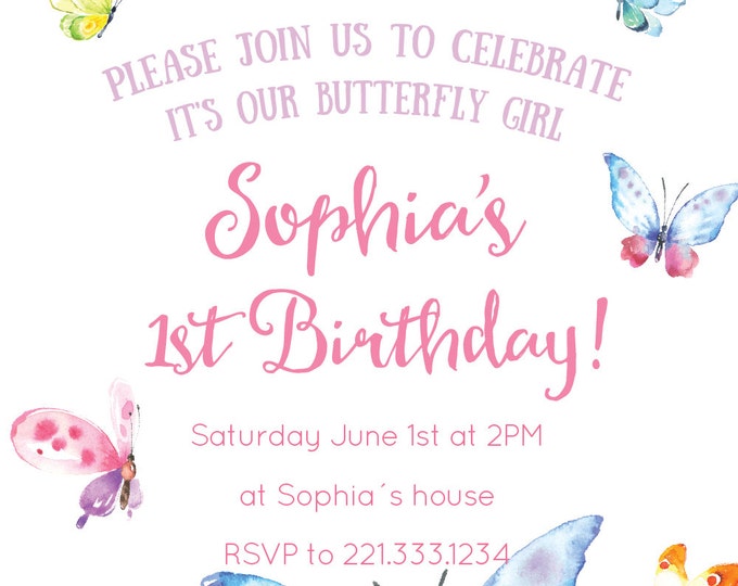 Butterfly Invitation Birthday Party. Butterflies party invitation. Butterfly birthday.Butterfly Party. Printable invitation.
