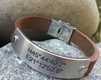 FREE SHIPPING-Personalized GPS Leather Bracelet, Gift For Men, Boyfriend Gift, Genuine Leather Men Bracelet,Gift for him, Birthday Gift