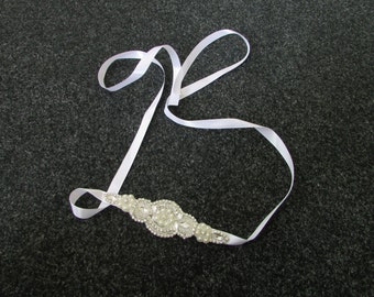 Rhinestone Diamante Silver White Pearl Bridal Belt Sash Vtg Wedding Ivory 312