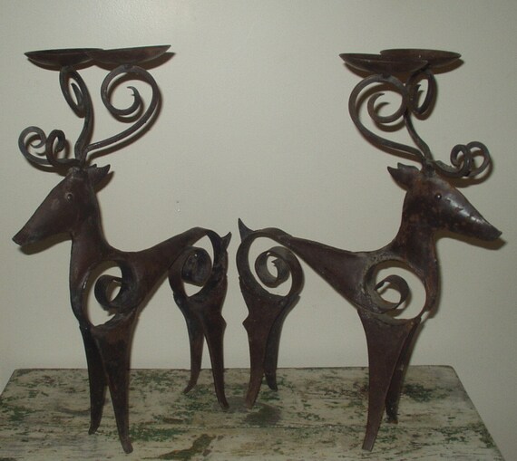 2 Large Vintage Reindeer Deer Wrought Iron Rusty Candle