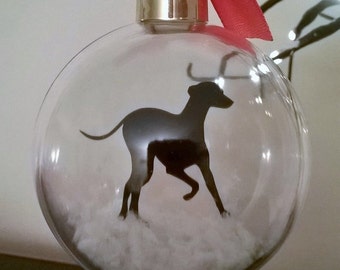 Greyhound Silhouette in Snow (version 2) Acrylic Bauble can be Personalised