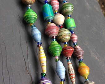 Yellow and Blue Long Multi Strand Paper Bead Necklace