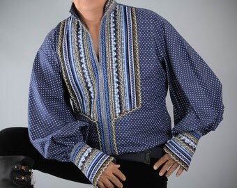 Men's Blue Shirt, Men's Folk shirt, Men's Polka Dots Shirt, Men's cotton Shirt, Men's Gypsy Shirt, Men's Ribbon Shirt, Blue Mens Shirt.