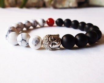 Buddha bracelet. Spiritual yoga bracelet. Buddhist jewelry. Black onyx, carnelian, howlite. Yin yang bracelet. Genuine stone. Stretch