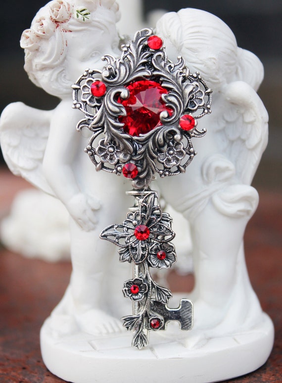 Key necklace, key jewelry, swarovski key, red key, silver key, key jewelry, butterfly key by DreamCloudJewelry steampunk buy now online