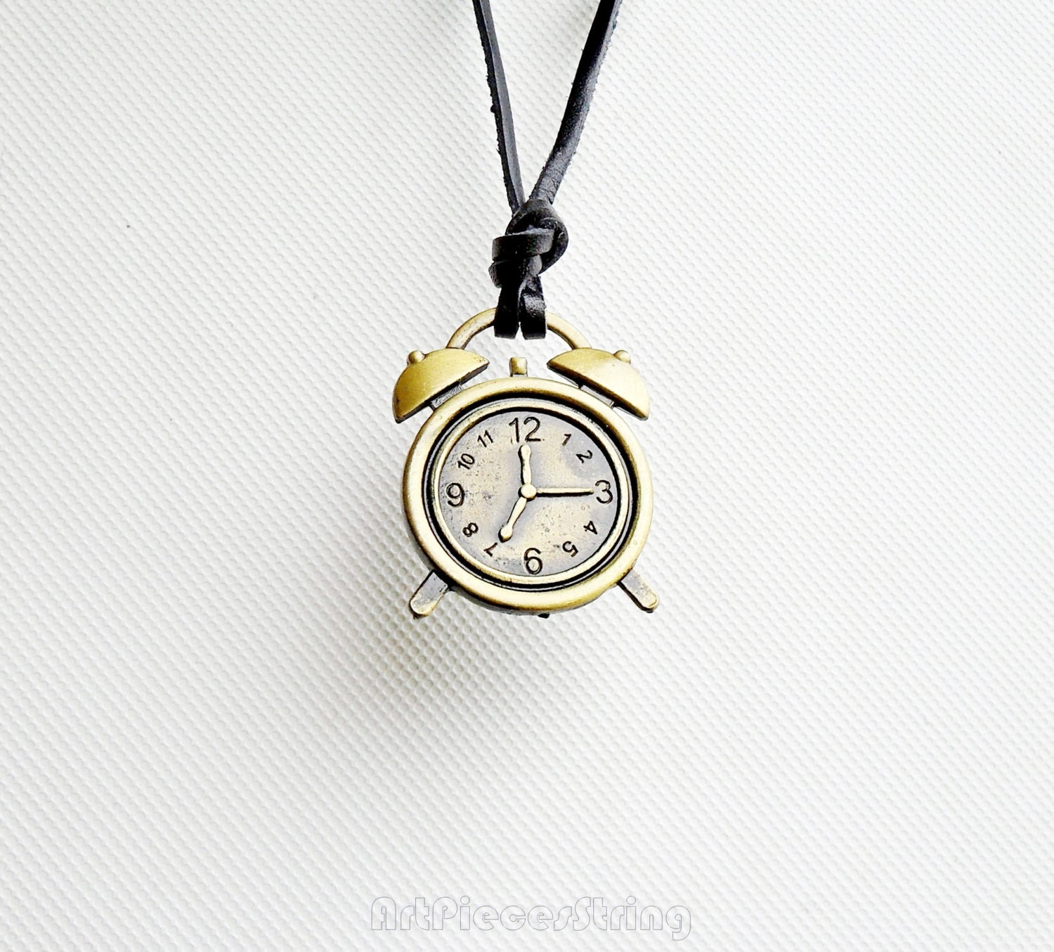 Big clock necklace leather bronze pendant alarm by ArtPiecesString