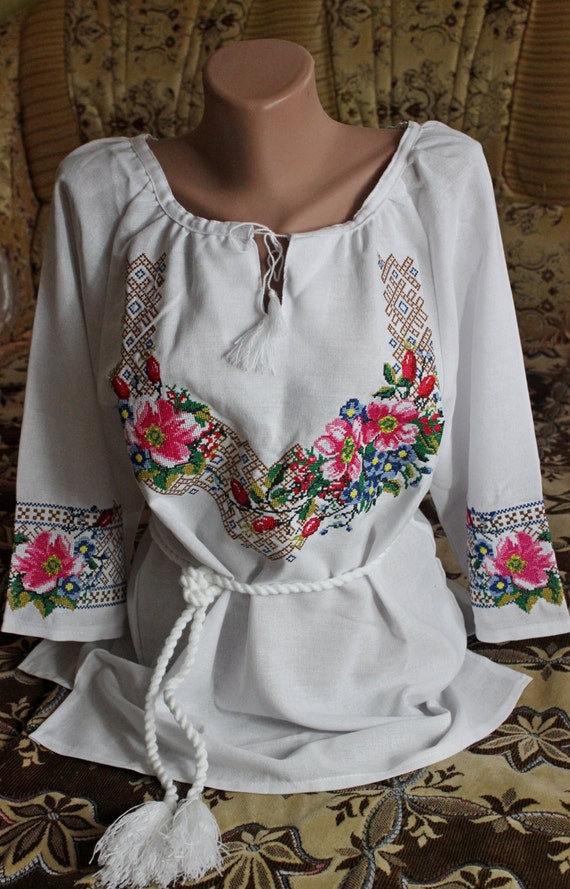 Ukrainian Hand Embroidered Blouses - Leopard Trim Blouse