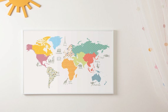 World map print childrens world map play room by ModernKidsGallery