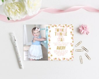 Twinkle Twinkle Little Star Birthday Invitation Pink and Gold glitter First Birthday Invite