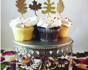 Leaf Glitter Cupcake Toppers, Fall Cupcake Toppers, Thanksgiving Cupcake Toppers, Brown Glitter Cupcake Toppers- Set of 12, Various Colors