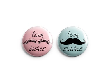 Team lashes Team Staches, Gender reveal party favors, gender reveal buttons, baby shower favors, gender reveal gifts, pins, reveal badges