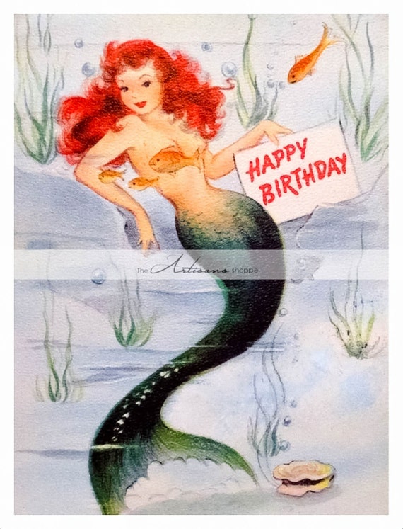 Vintage Happy Birthday Mermaid Card Image Digital Download