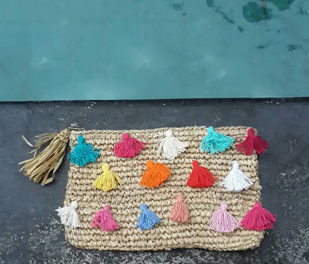 Raffia clutch with multi colour tassels raffia beach clutch