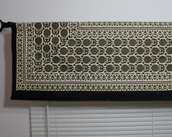 Elegant black and white Window Valance with golden print, 14"X 103" washable hand printed 100% cotton window treatment for bedroom, any room