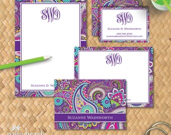 Purple Paisley Mini Bundle - Personalized Stationery Set - Notepad, Notecards & Calling Cards - Palm Beach Inspired Boho Stationary