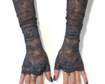 Grey Blue gloves,Long gloves,Lace gloves, Evening gloves, Fingerless Gloves,Sexy gloves