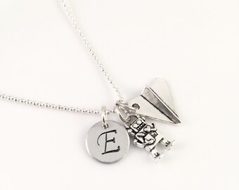 Personalized Airplane Necklace, Initial necklace, personalized jewelry, robot toy necklace, mom gift, gift for mother of boys, boys toys