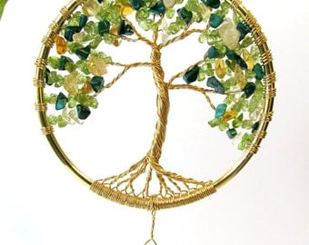 Tree of Life Sun Catcher, Peridot and Citrine Suncatcher, Crystal Prism Rainbow Maker, Feng Shui Crystal with Wire Tree Sculpture