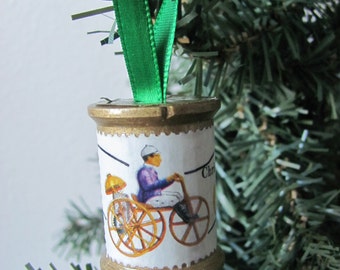 Bicycle Ornament, Bicycle Stamp and Spool Ornament, Hand Crafted Ornament