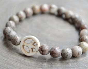 Peace Sign Bracelet Jasper. White Magnesite Peace bead. Yoga. Meditation. Mindful Jewelry.