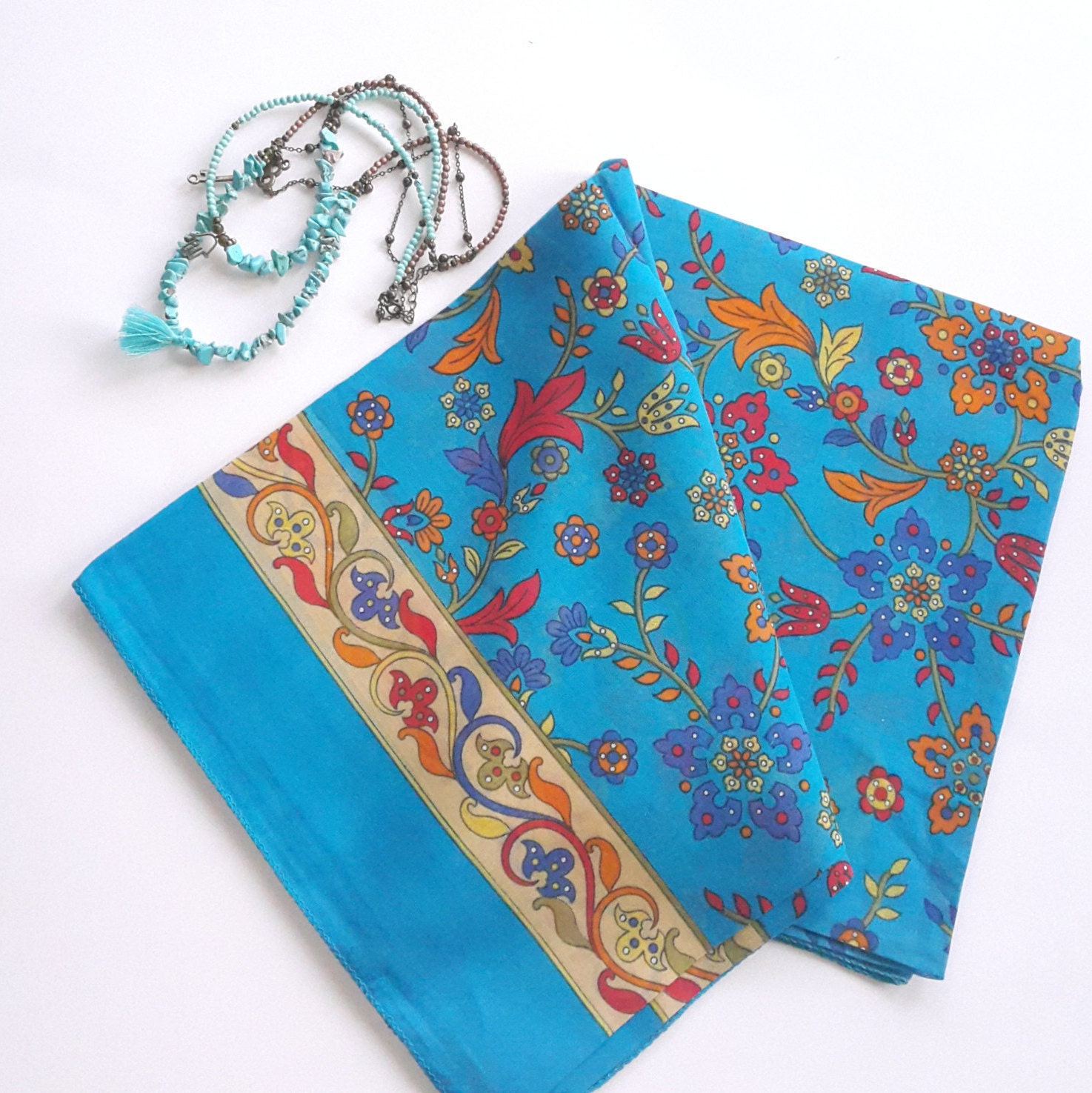 Azure cotton turkish scarf Large square floral scarves by 