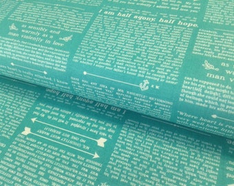 Jane Austen Text Fabric, Teal, Turquoise, Ardently Austen Collection by Riley Blake, Quilting Cotton, by the yard, half yard