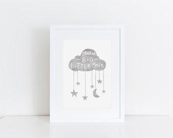 Cloud Print Gray Nursery Wall Art Dream Big Poster Watercolor Nursery Print Dream Cloud Art Gray Kids Room Print Cloud Mobile Print Art