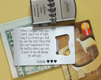 Metal Wallet Insert Card, Personalized Beer Bottle Opener, Your Own Message, Silver Metal wallet card, Anniversary, Personalized Wallet Card