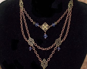 Retro Victorian watch necklace purple Crystal Swarovski chain elements copper bronze Victorian Necklace watch for