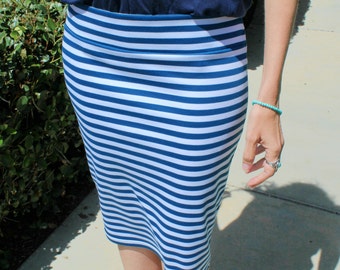 SALE Blue and White Striped Fitted Ponte Pencil Skirt