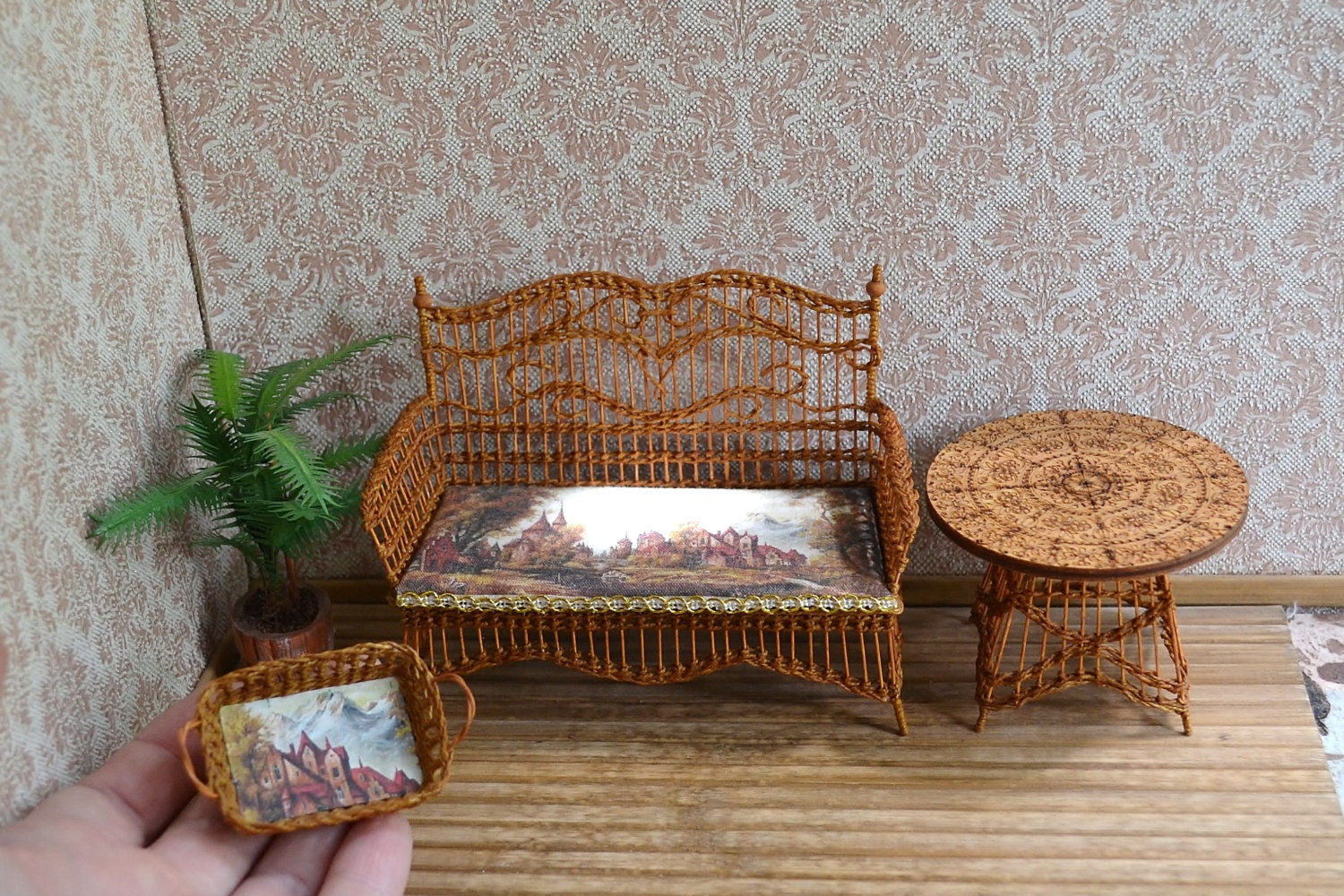 Dollhouse Miniature wicker set sofa table tray Scale